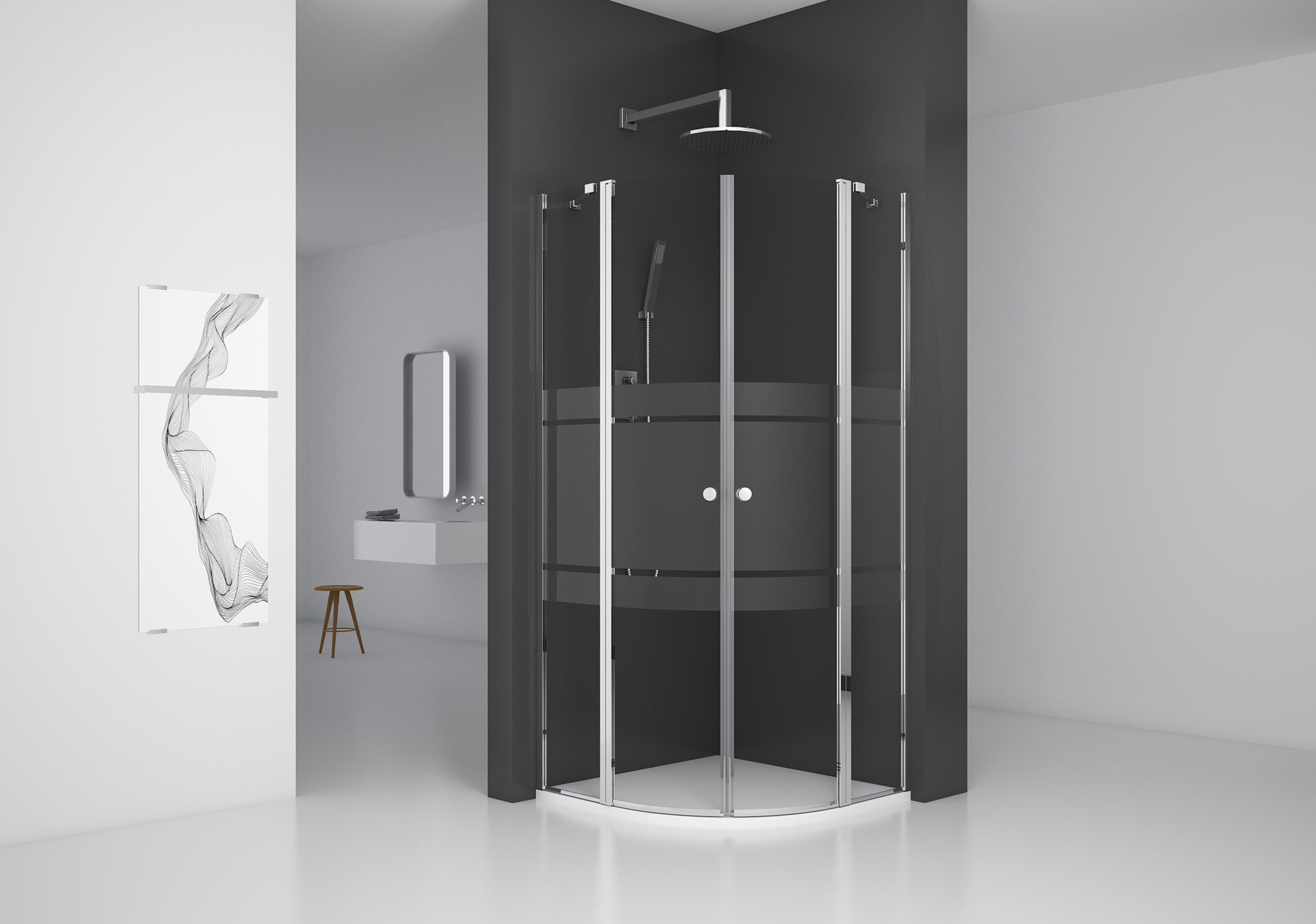 A zero level shower framed in seamless glass clad